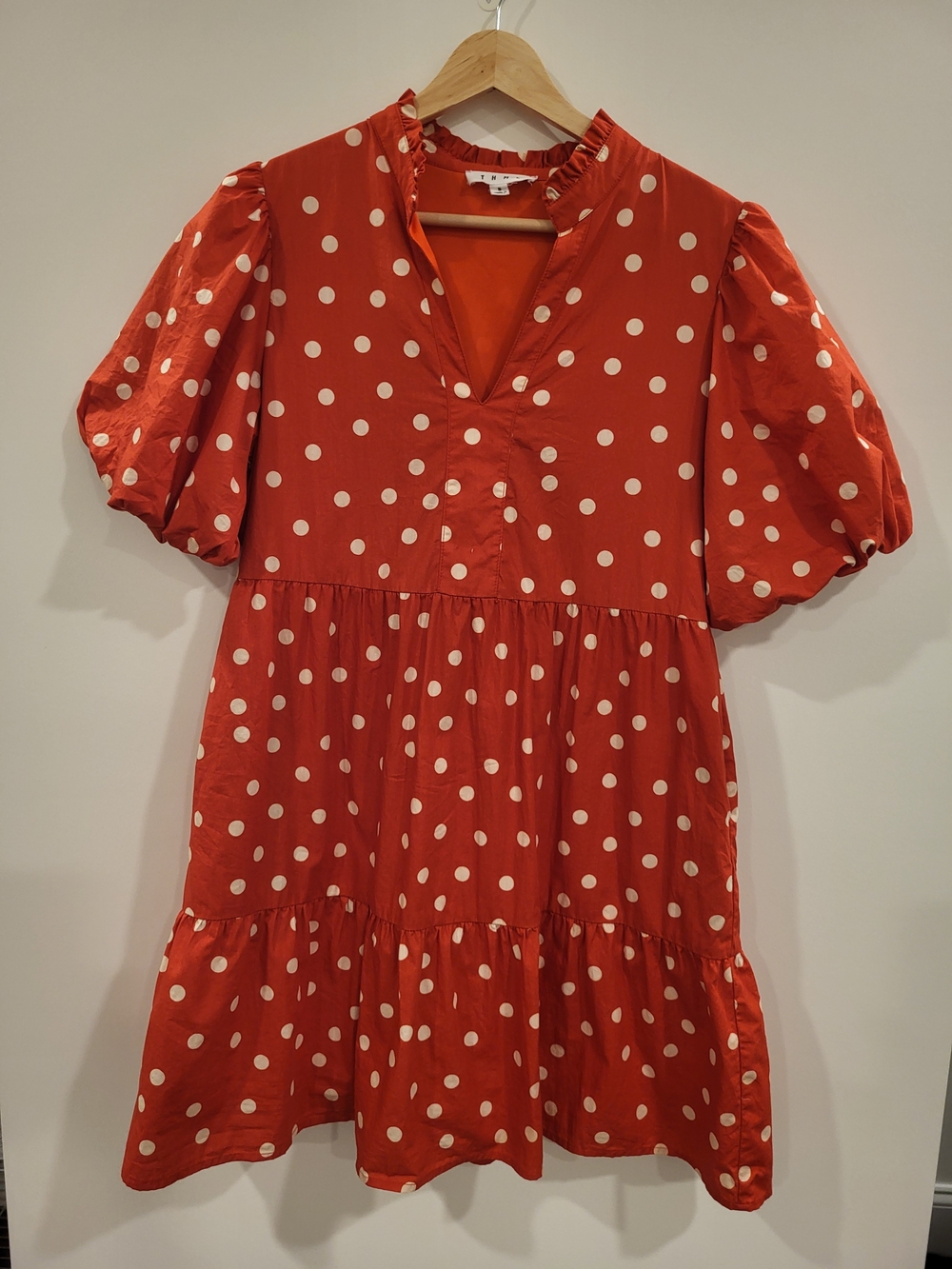 THML Red Cream Polka Dot Puff Sleeve Tiered Ruffle V-Neck Mini Dress Small